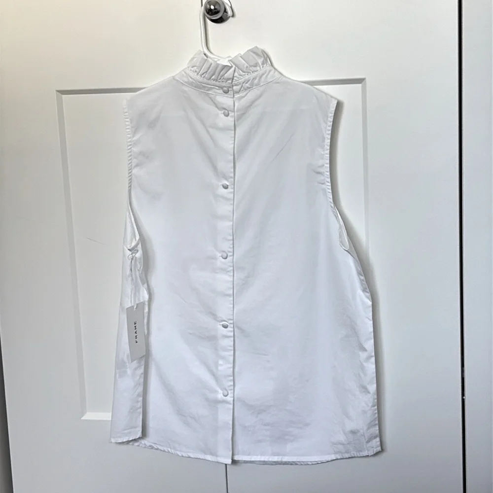 NWT [Frame] High Neck Sleeveless Ruffle Back Button Blouse Top White Women’s S - Picture 4 of 14